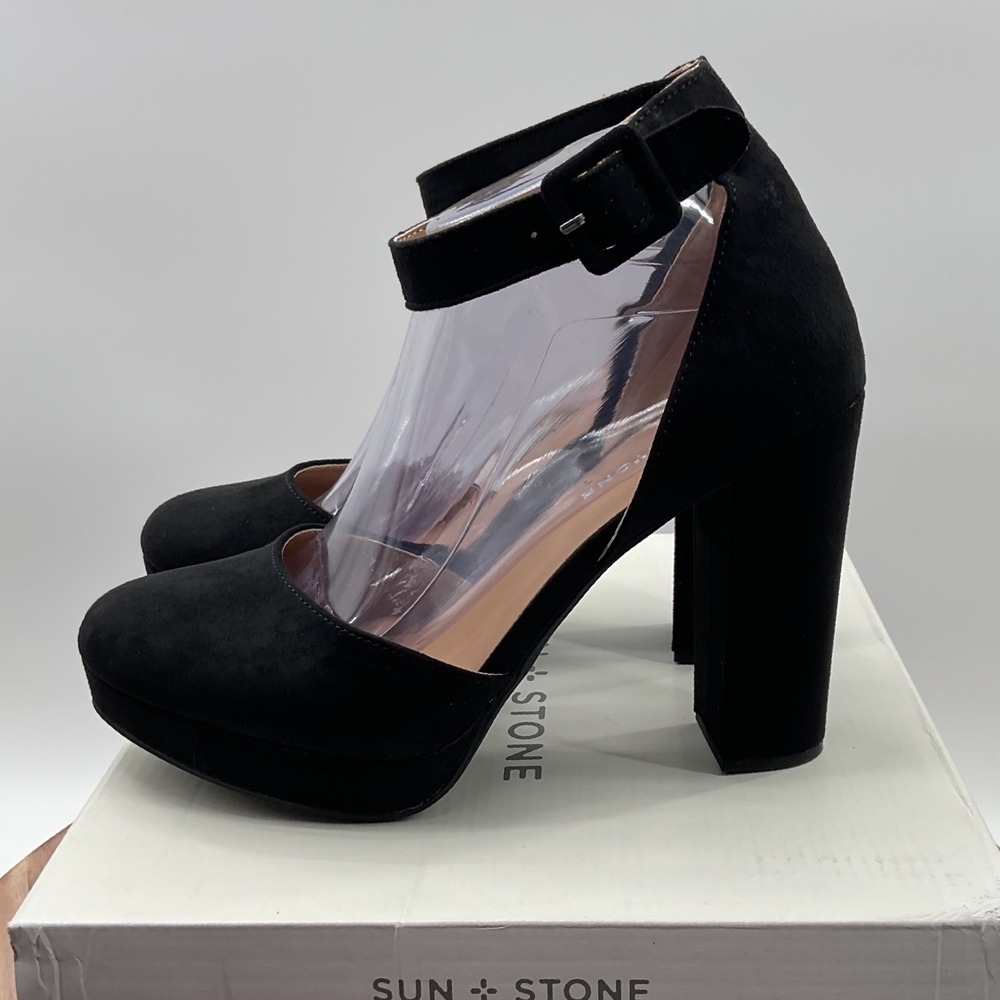 Sun + Stone Estrella Black Suede Platform Ankle Strap Block Heel Pumps 9W